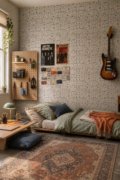 Geometrik Karo Desenli Duvar Kağıdı Bej Mavi Salon