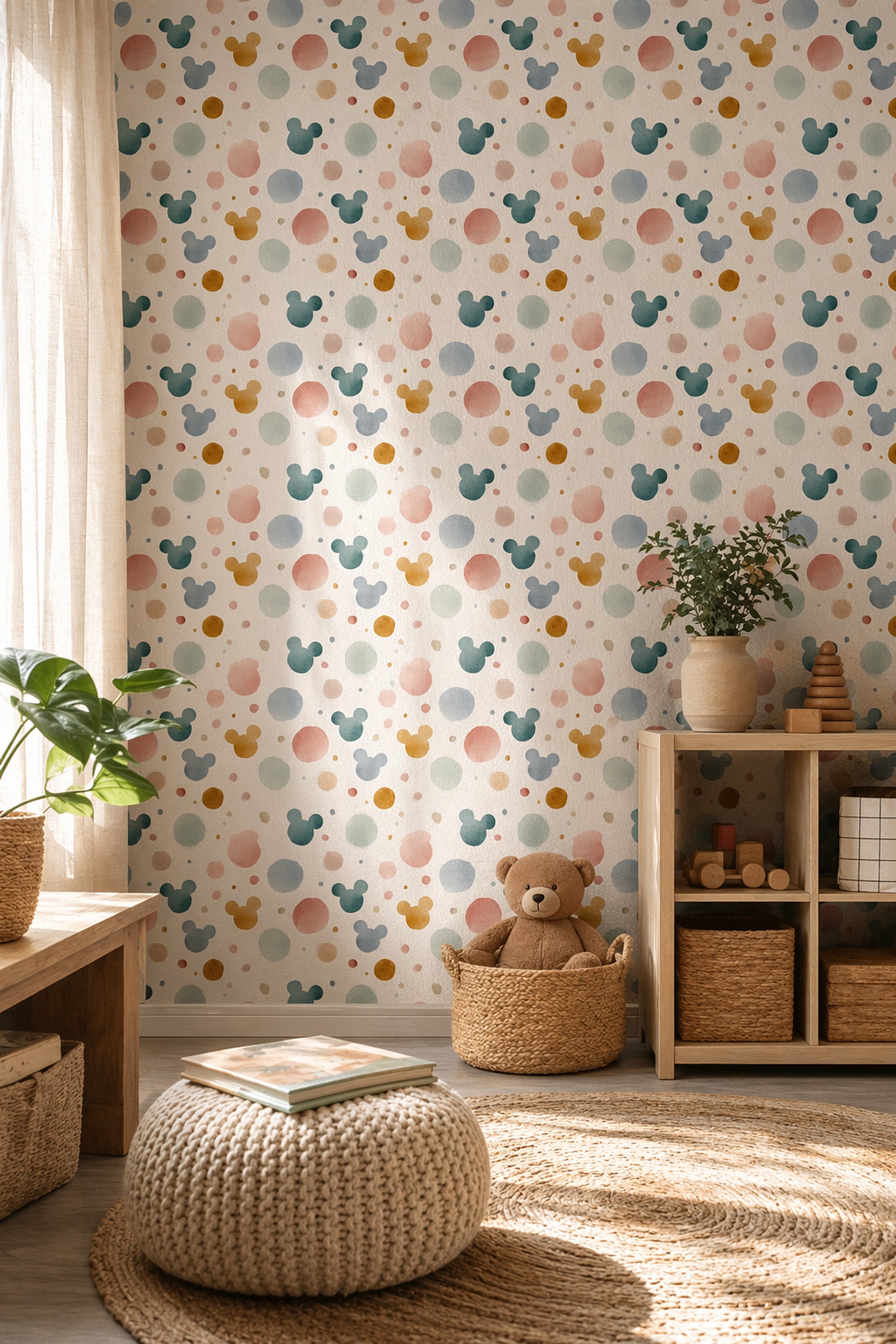 Renkli Puantiyeli Duvar Kağıdı Çocuk Odası Mickey Desenli