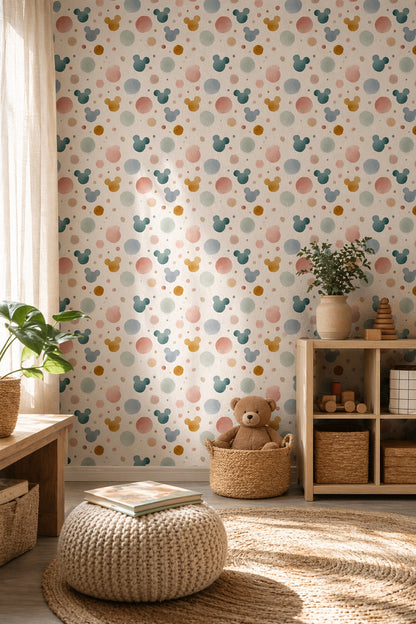Renkli Puantiyeli Duvar Kağıdı Çocuk Odası Mickey Desenli