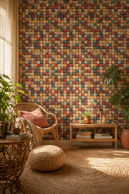 Renkli Zar Desenli Duvar Kağıdı Retro Salon Dekoru