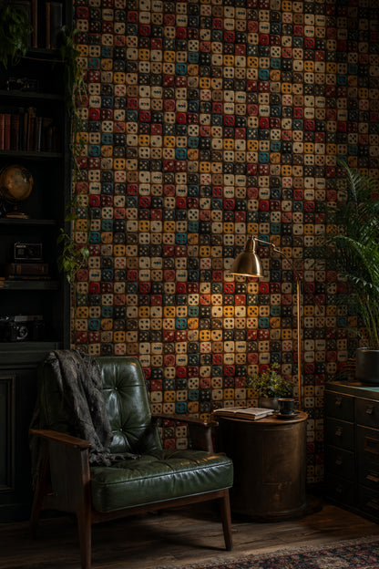 Renkli Zar Desenli Duvar Kağıdı Retro Salon Dekoru