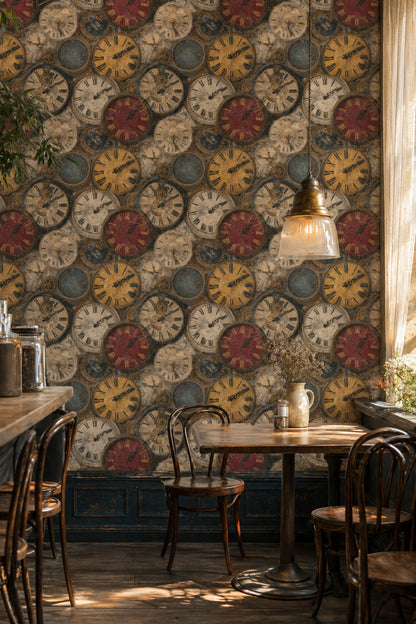 Vintage Saat Desenli Duvar Kağıdı Kafe Salon Dekoru