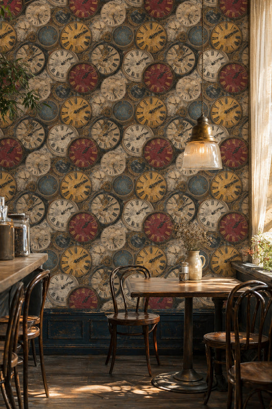 Vintage Saat Desenli Duvar Kağıdı Kafe Salon Dekoru