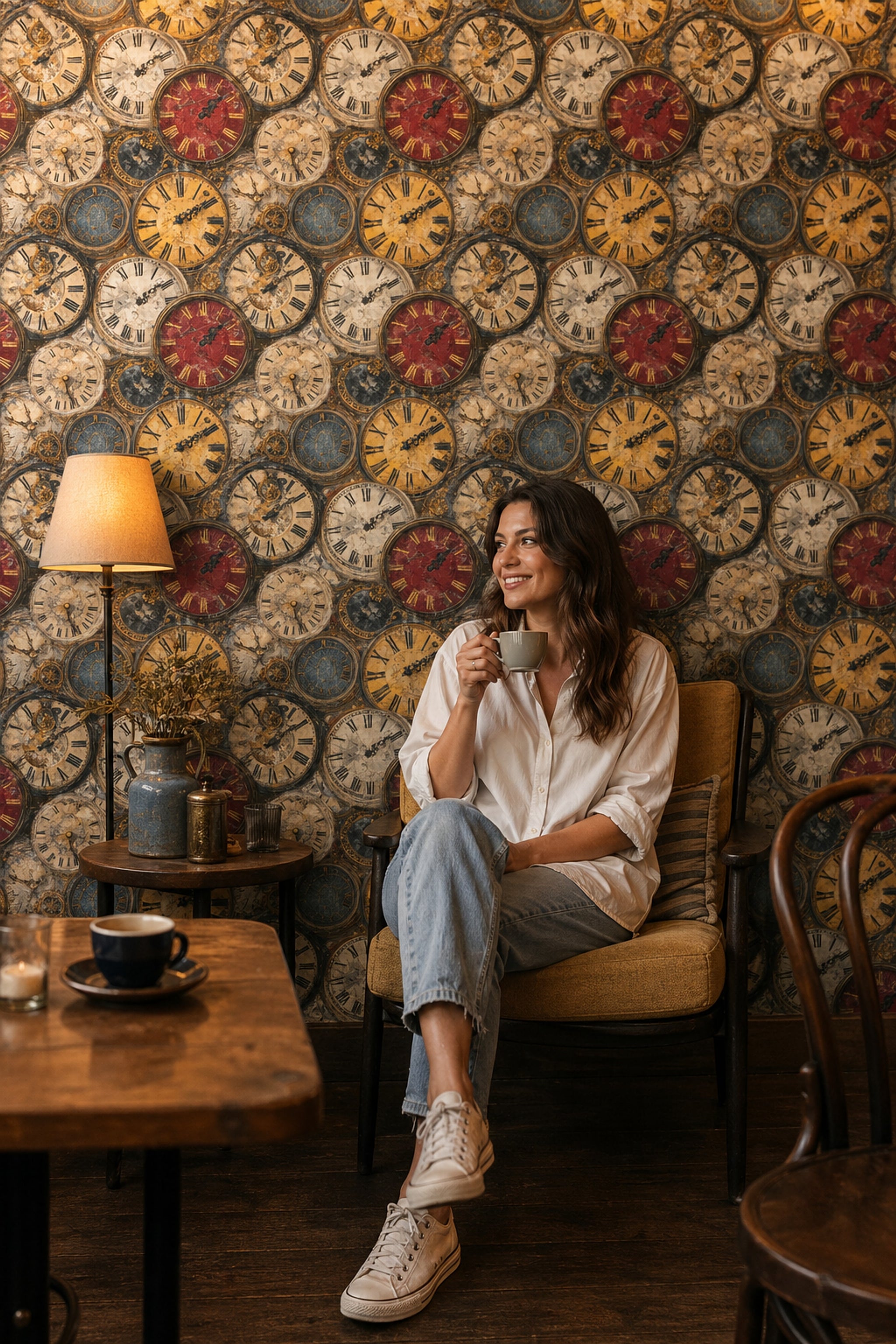 Vintage Saat Desenli Duvar Kağıdı Kafe Salon Dekoru