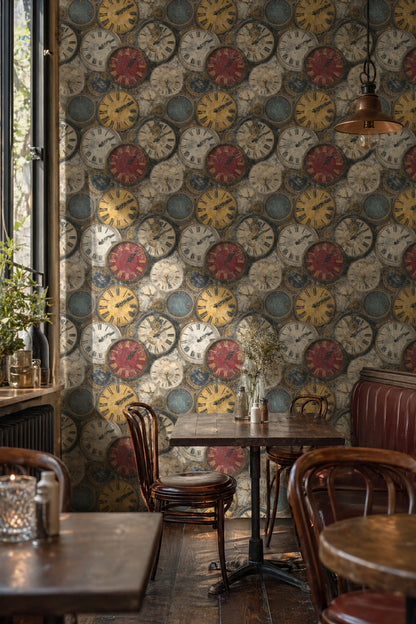 Vintage Saat Desenli Duvar Kağıdı Kafe Salon Dekoru