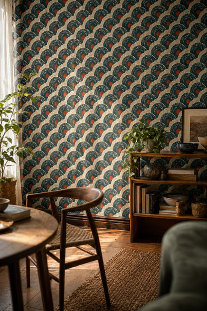 Art Deco Dalga Desenli Duvar Kağıdı Petrol Yeşili Salon