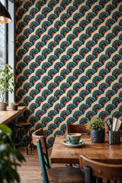 Art Deco Dalga Desenli Duvar Kağıdı Petrol Yeşili Salon