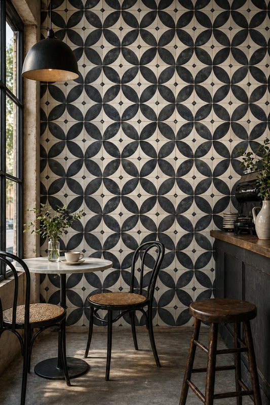 Geometrik Siyah Beyaz Duvar Kağıdı Retro Desenli Mutfak