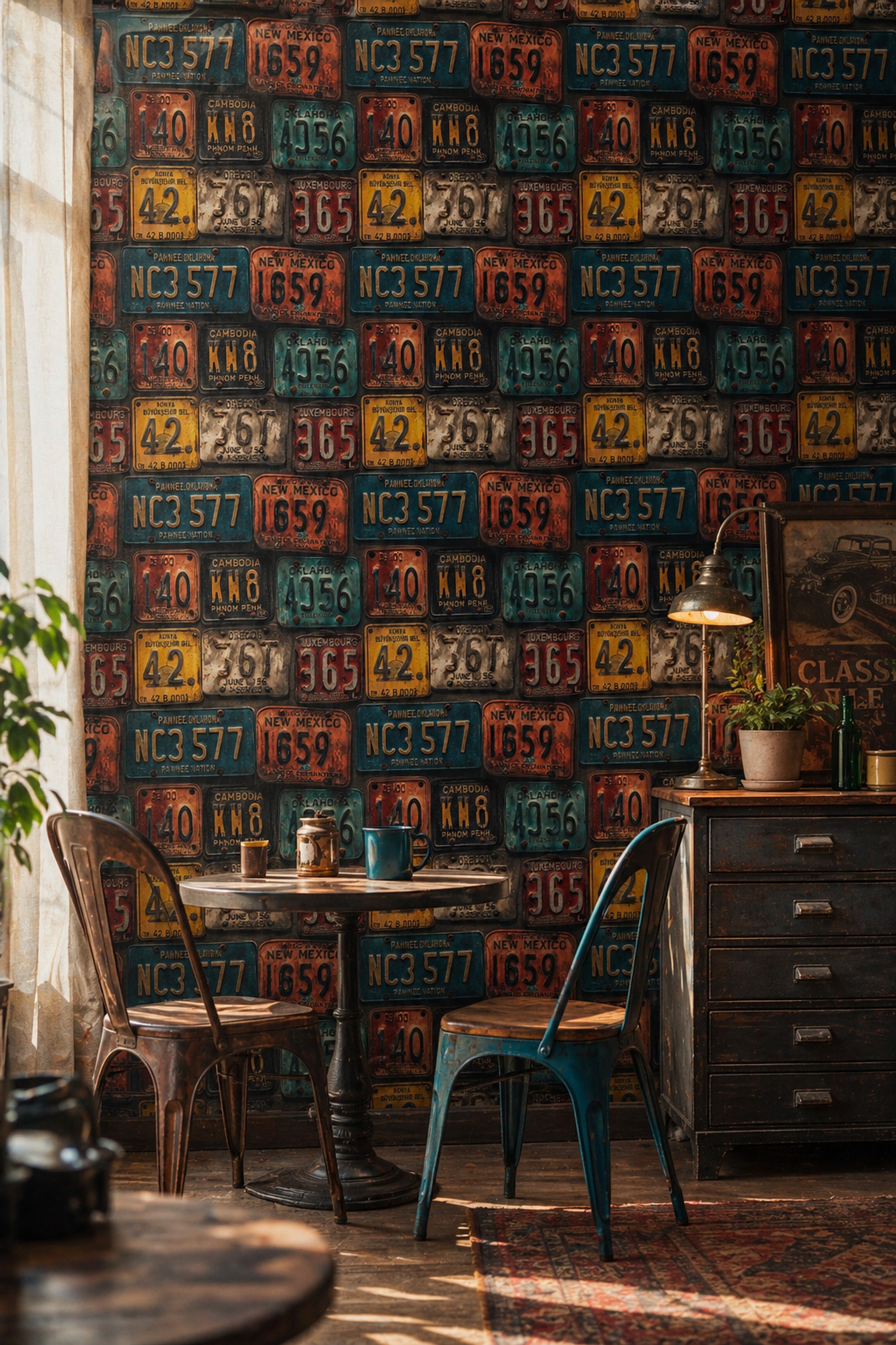 Vintage Plaka Desenli Duvar Kağıdı Endüstriyel Renkli Duvar