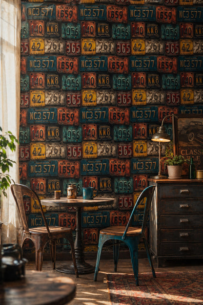 Vintage Plaka Desenli Duvar Kağıdı Endüstriyel Renkli Duvar