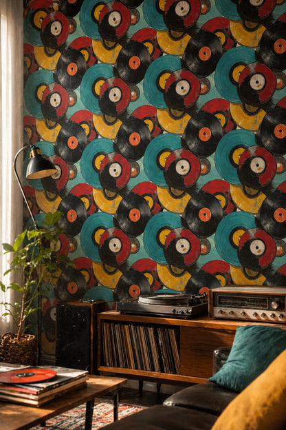 Plak Desenli Duvar Kağıdı Renkli Retro Salon Dekoru