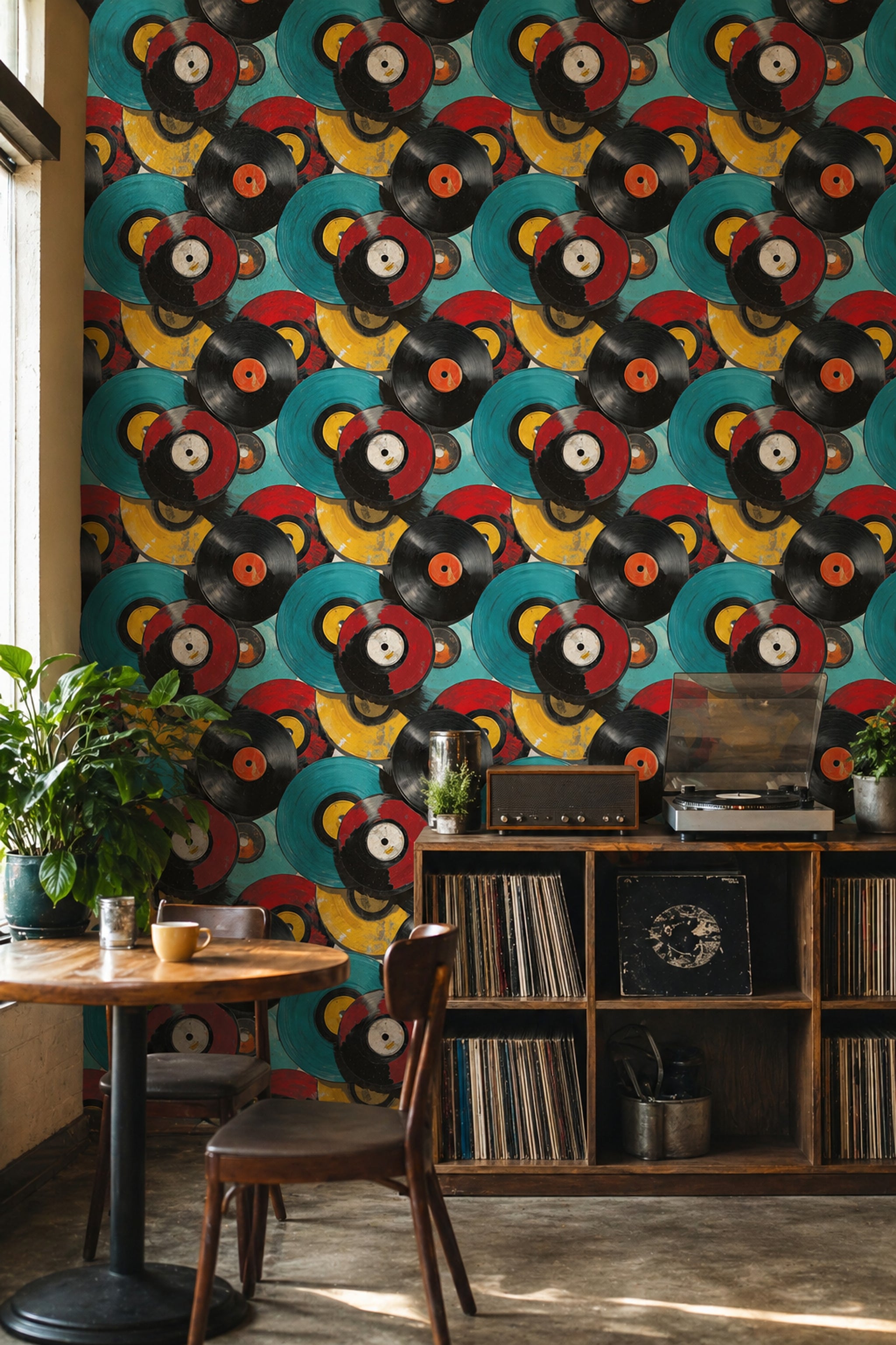Plak Desenli Duvar Kağıdı Renkli Retro Salon Dekoru