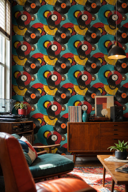 Plak Desenli Duvar Kağıdı Renkli Retro Salon Dekoru