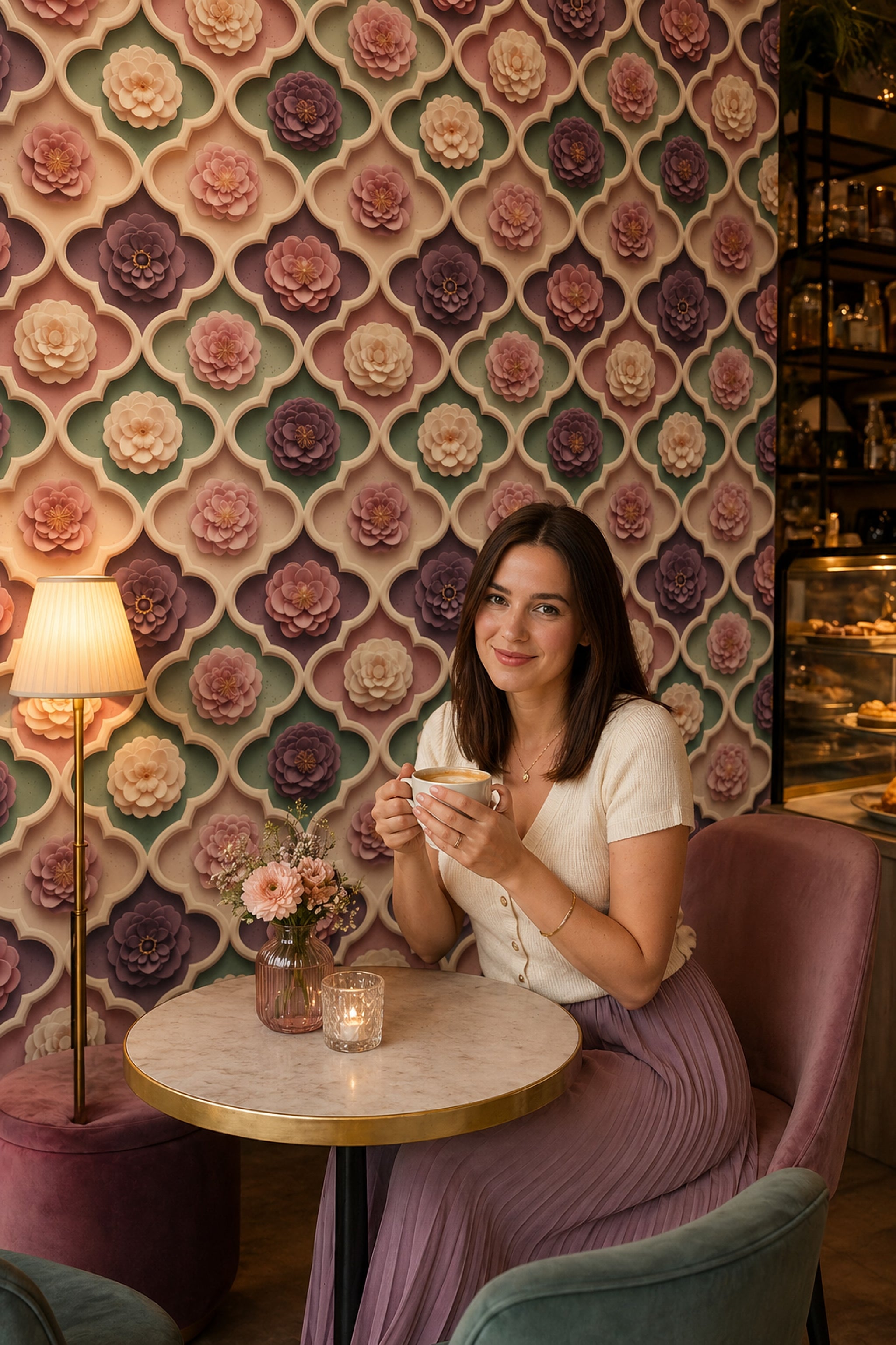 Çiçek Kabartı Görünümlü Duvar Kağıdı Yeşil Modern Salon