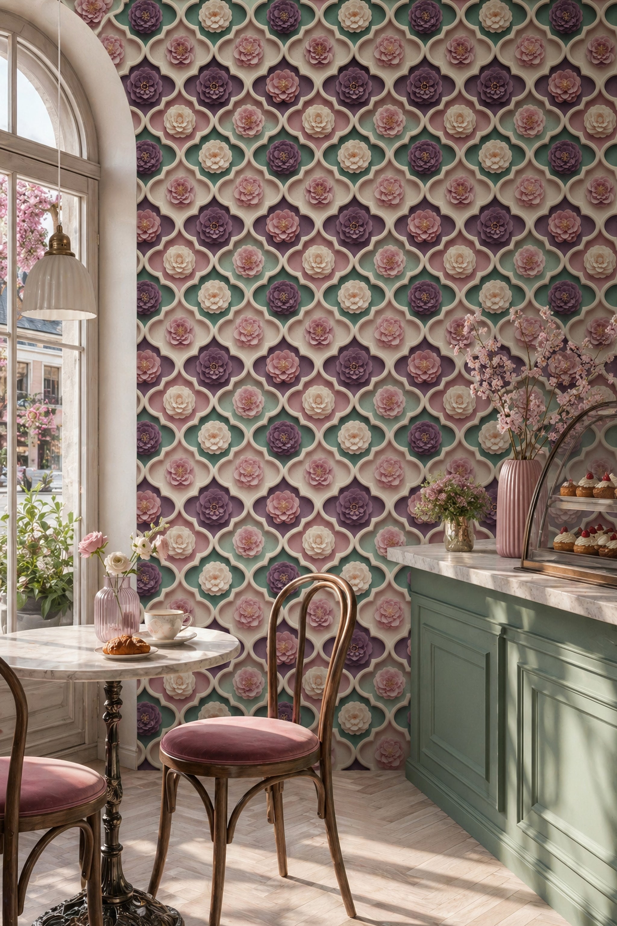 Çiçek Kabartı Görünümlü Duvar Kağıdı Yeşil Modern Salon