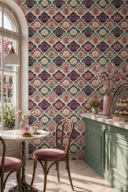 Çiçek Kabartı Görünümlü Duvar Kağıdı Yeşil Modern Salon