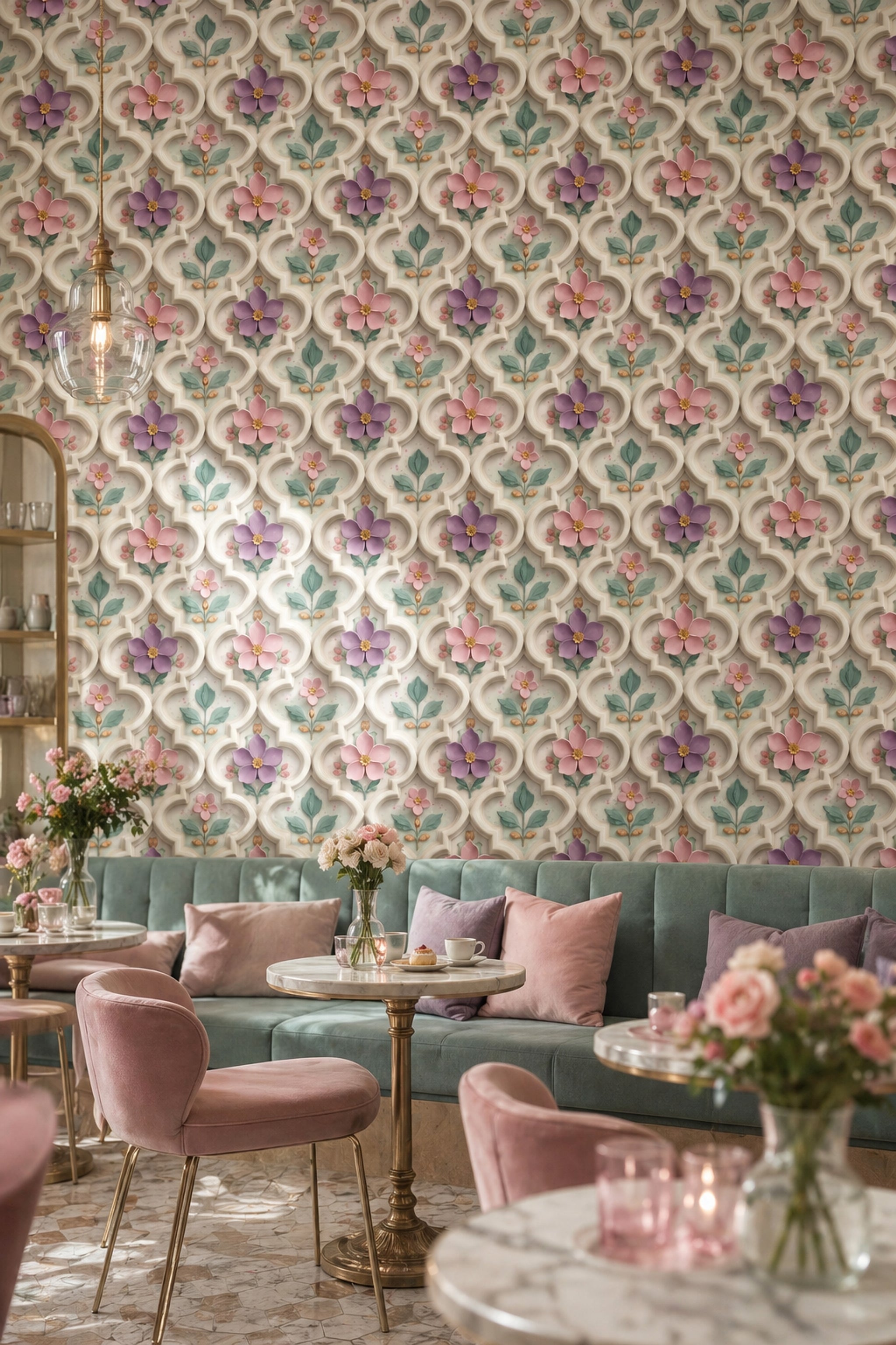 Geometrik Çerçeveli Çiçekli Duvar Kağıdı Krem Salon Desenli