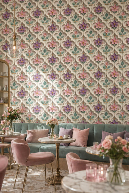 Geometrik Çerçeveli Çiçekli Duvar Kağıdı Krem Salon Desenli