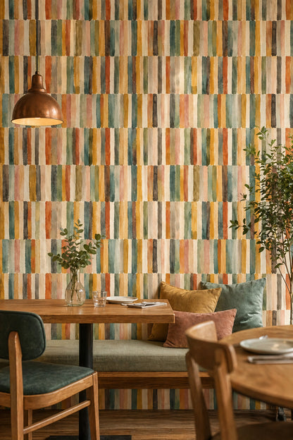 Renkli Dikey Fırça Çizgili Duvar Kağıdı Modern Salon