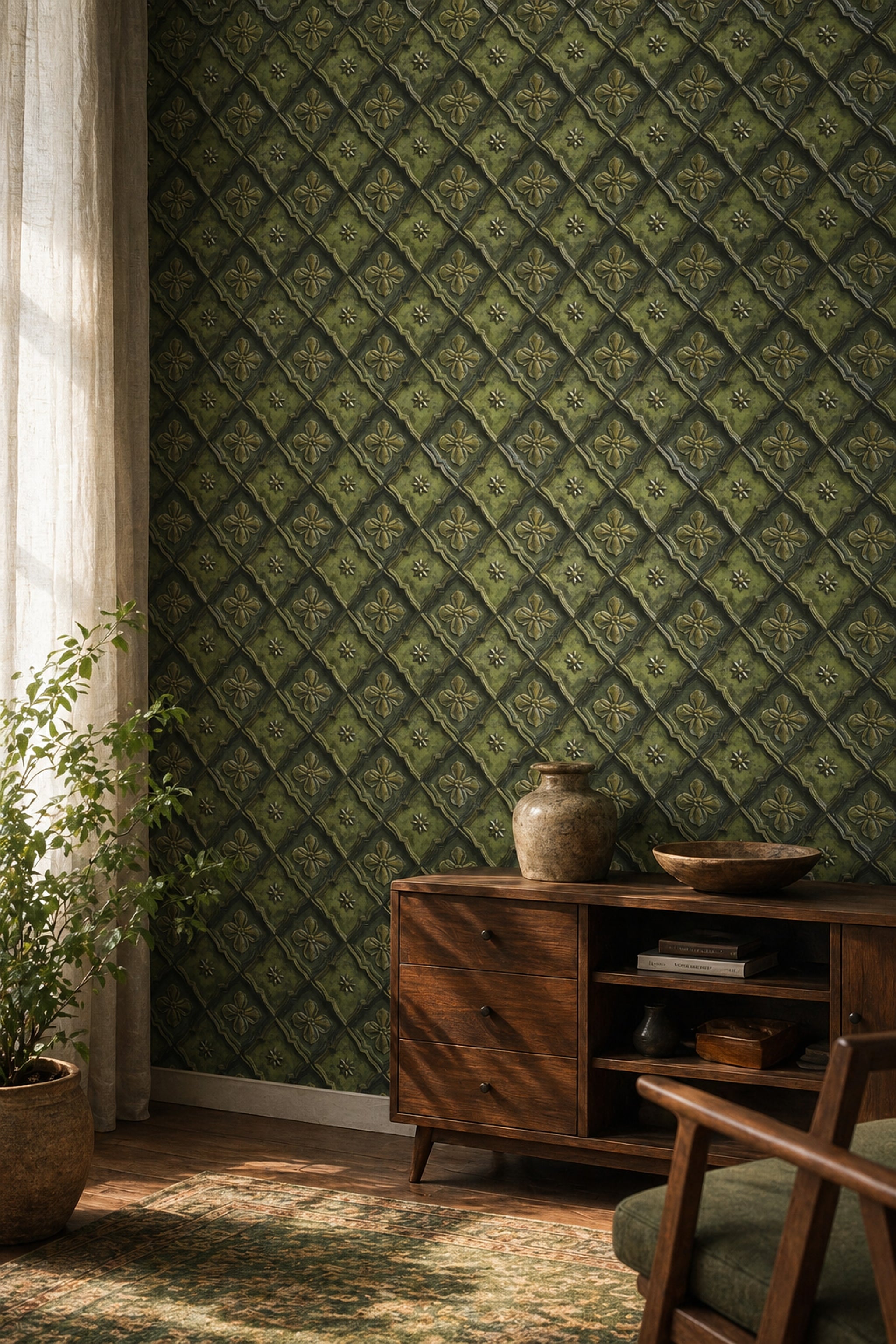 Klasik Çiçek Motifli Duvar Kağıdı Zeytin Yeşili Salon