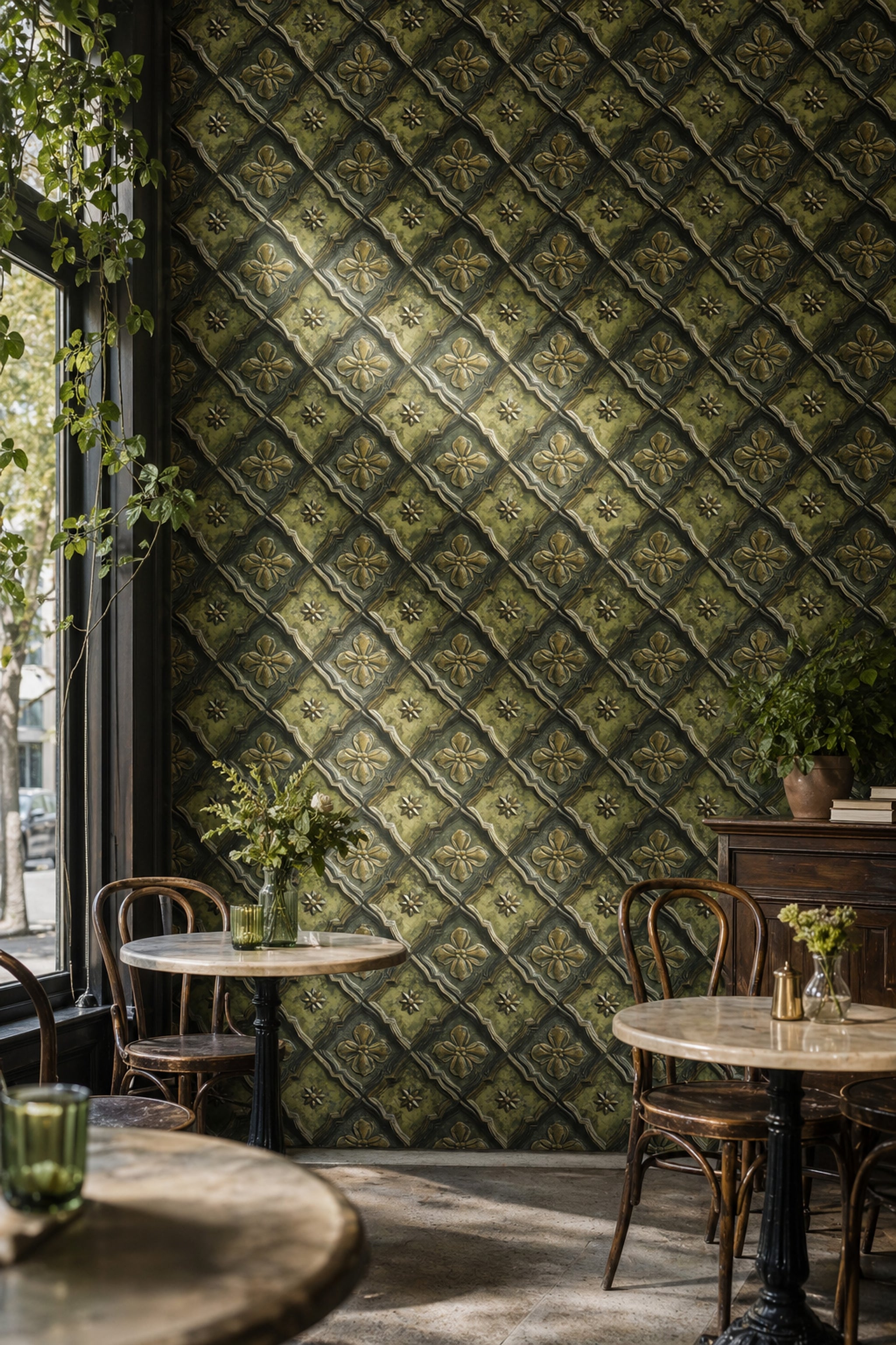 Klasik Çiçek Motifli Duvar Kağıdı Zeytin Yeşili Salon
