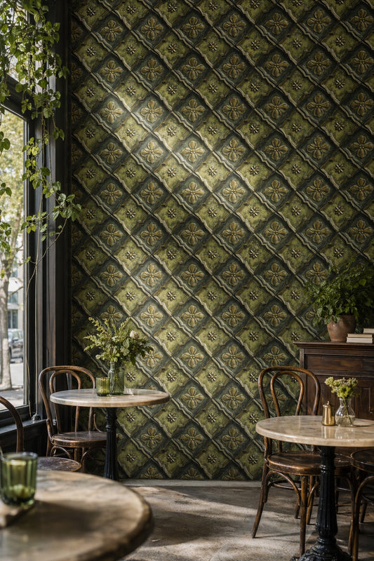 Klasik Çiçek Motifli Duvar Kağıdı Zeytin Yeşili Salon