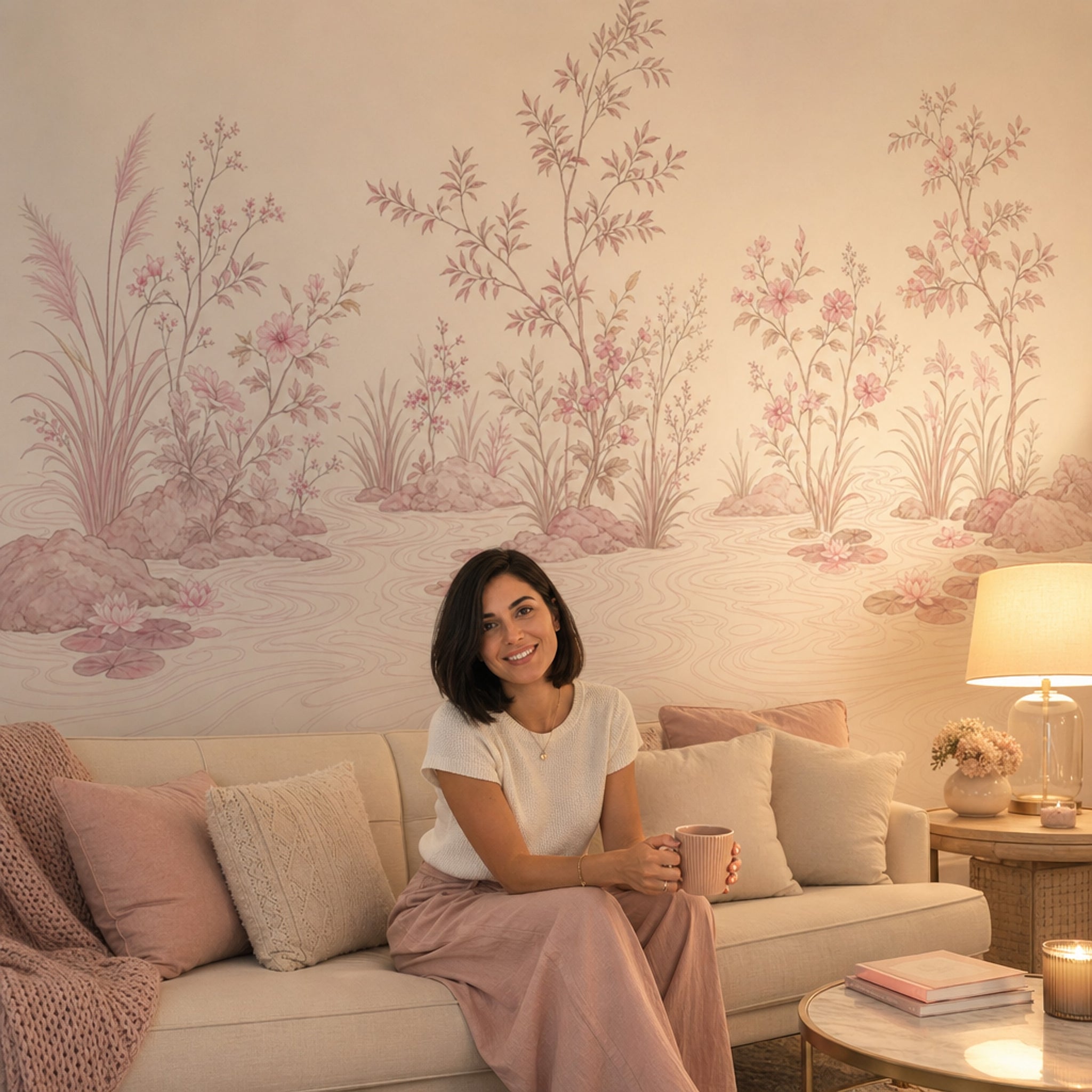 Pudra Pembe Çiçekli Poster Duvar Kağıdı Sulu Boya Desenli