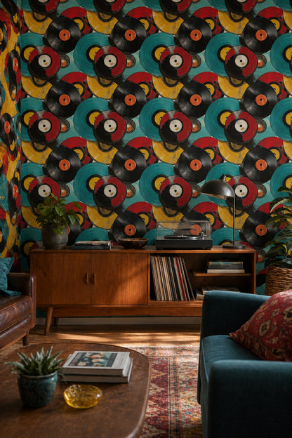 Plak Desenli Duvar Kağıdı Renkli Retro Salon Dekoru