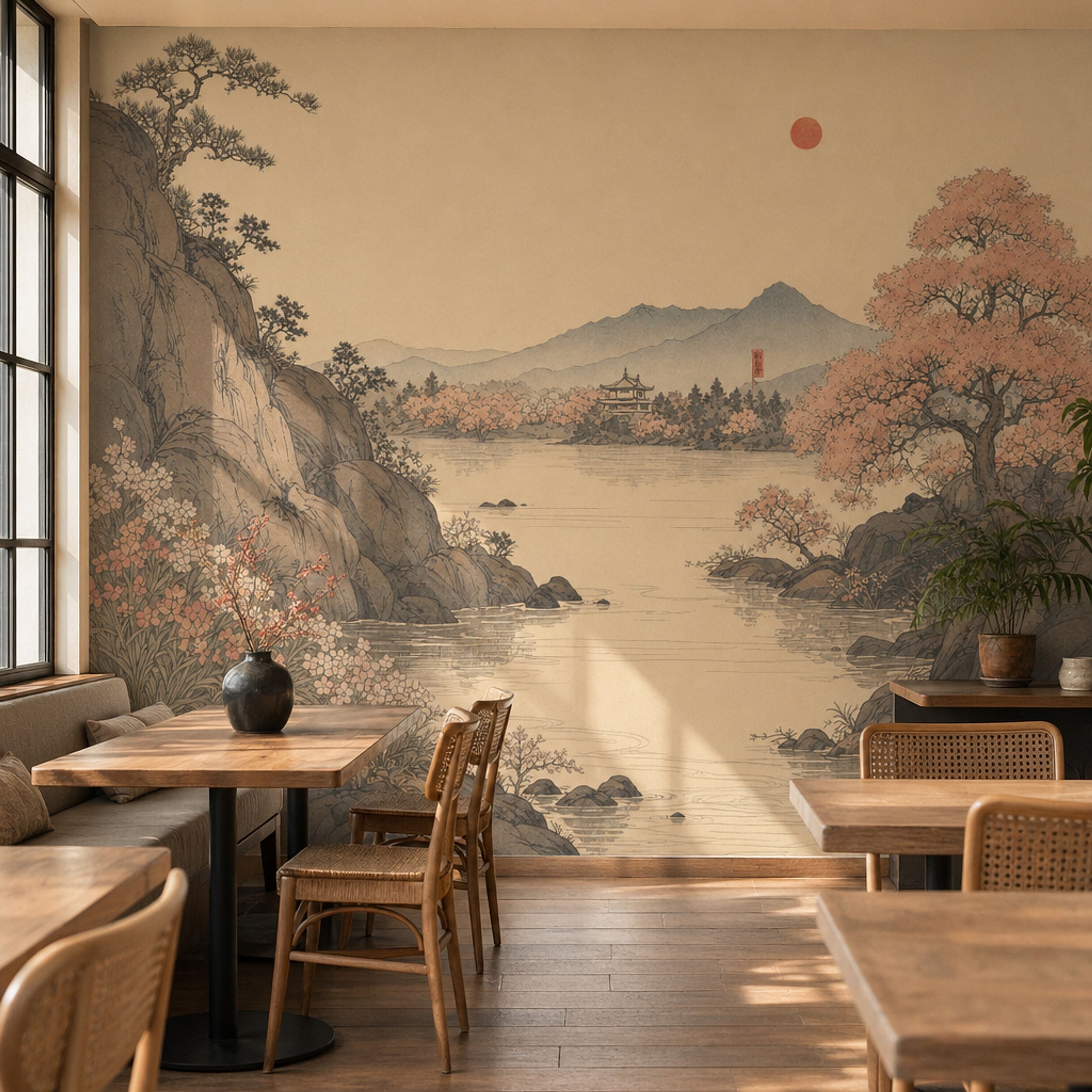Japon Manzara Poster Duvar Kağıdı Bej Tonlarda Salon Dekoru