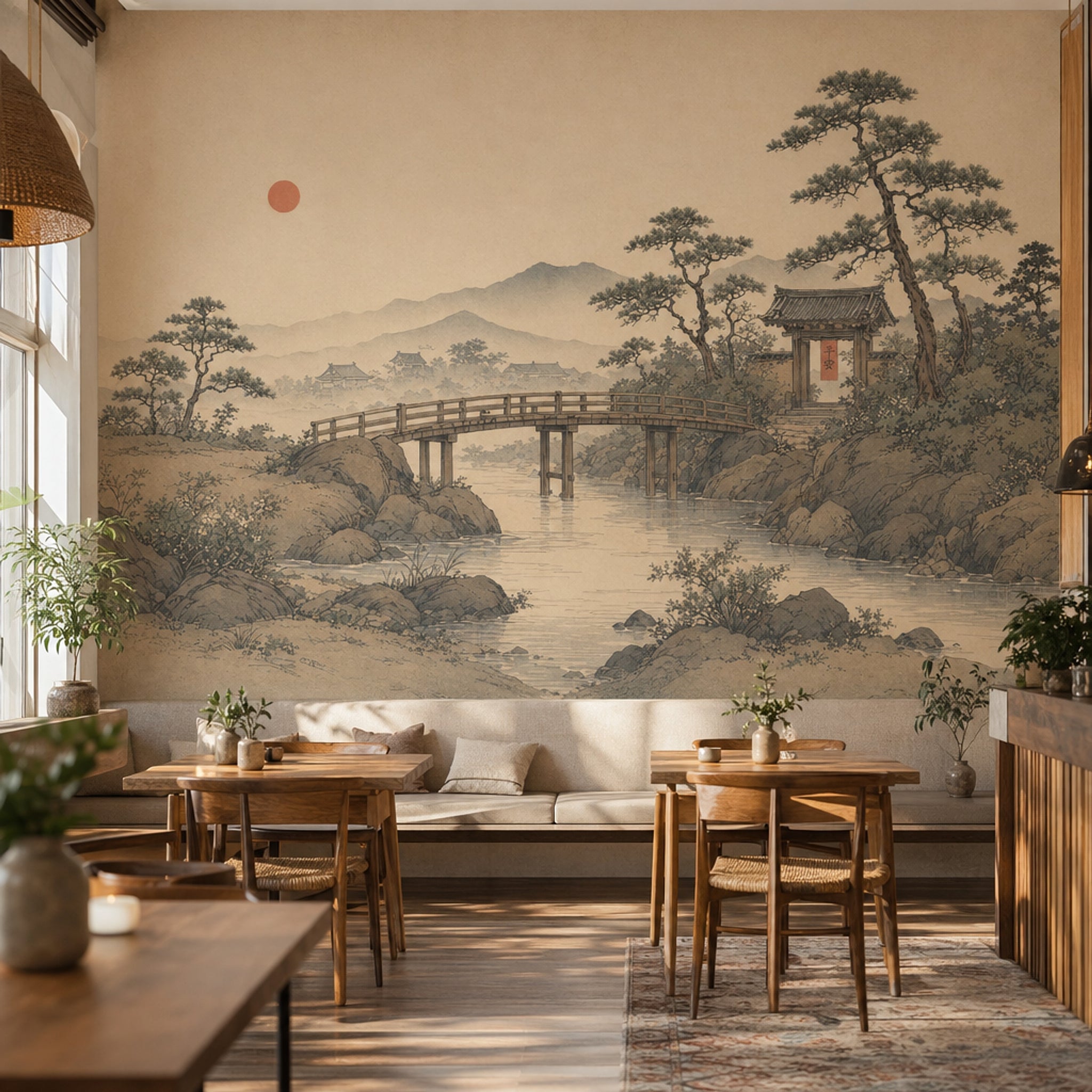 Japon Manzaralı Poster Duvar Kağıdı Bej Tonlarda Köprü Desenli