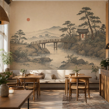 Japon Manzaralı Poster Duvar Kağıdı Bej Tonlarda Köprü Desenli