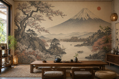 Japon Manzaralı Poster Duvar Kağıdı Fuji Dağı Bej Tonlar
