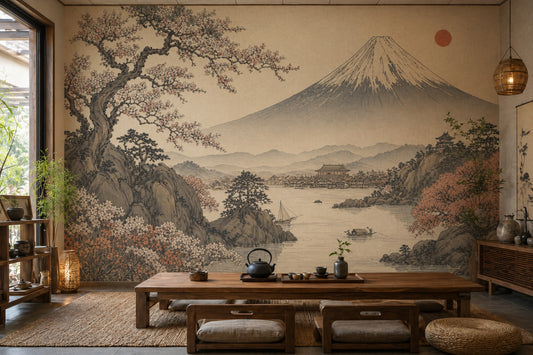 Japon Manzaralı Poster Duvar Kağıdı Fuji Dağı Bej Tonlar