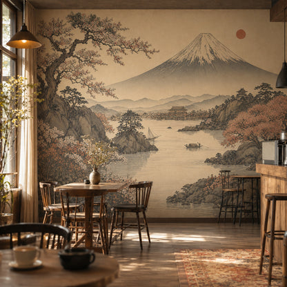 Japon Manzaralı Poster Duvar Kağıdı Fuji Dağı Bej Tonlar