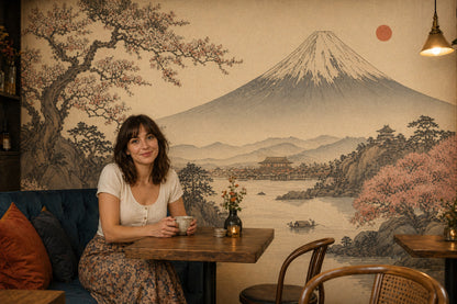 Japon Manzaralı Poster Duvar Kağıdı Fuji Dağı Bej Tonlar