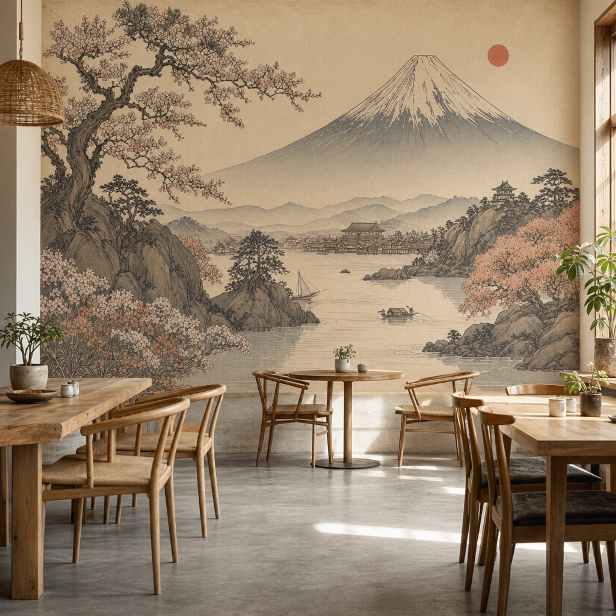 Japon Manzaralı Poster Duvar Kağıdı Fuji Dağı Bej Tonlar