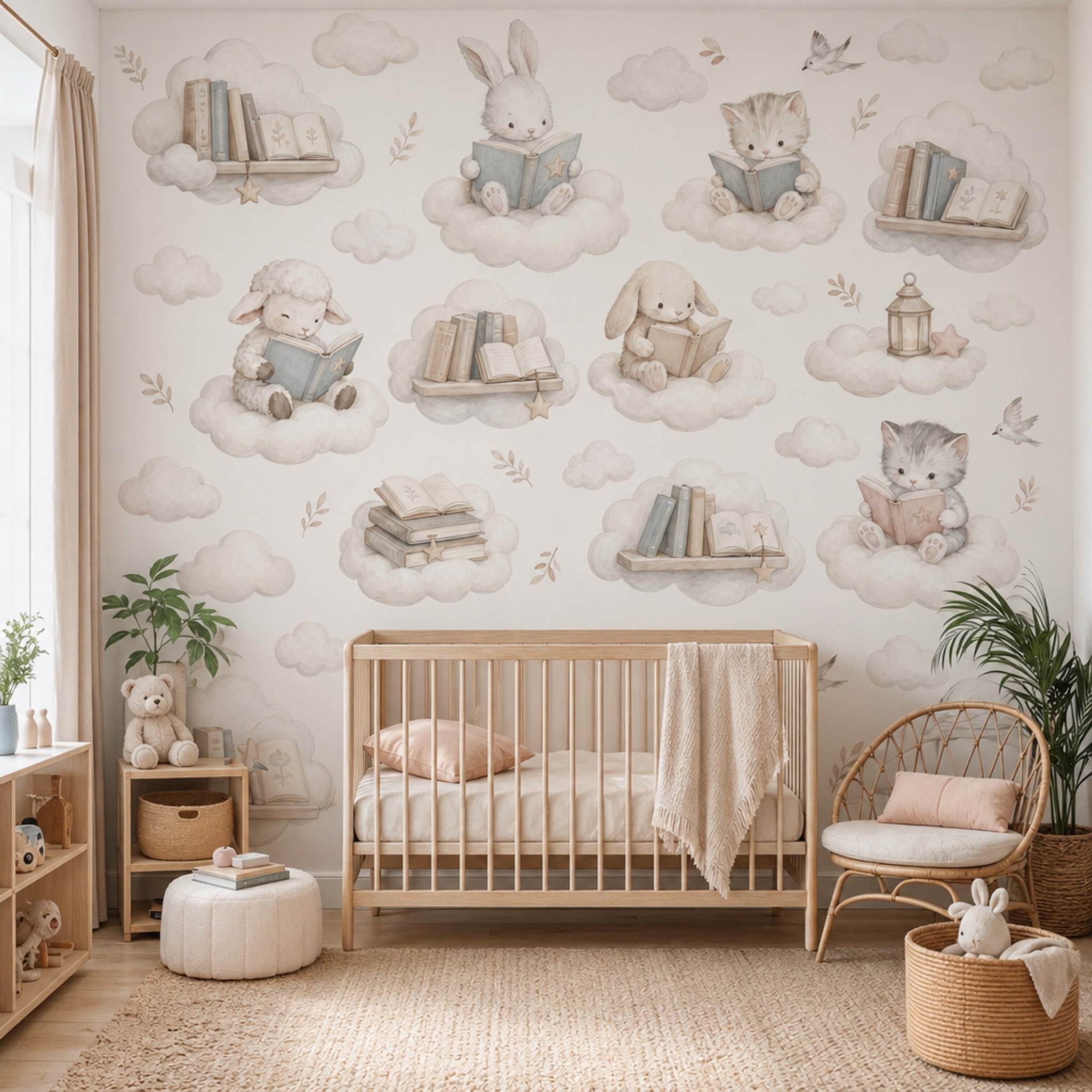 Bulutlarda Kitap Okuyan Hayvanlar Poster Duvar Kağıdı Bebek Odası