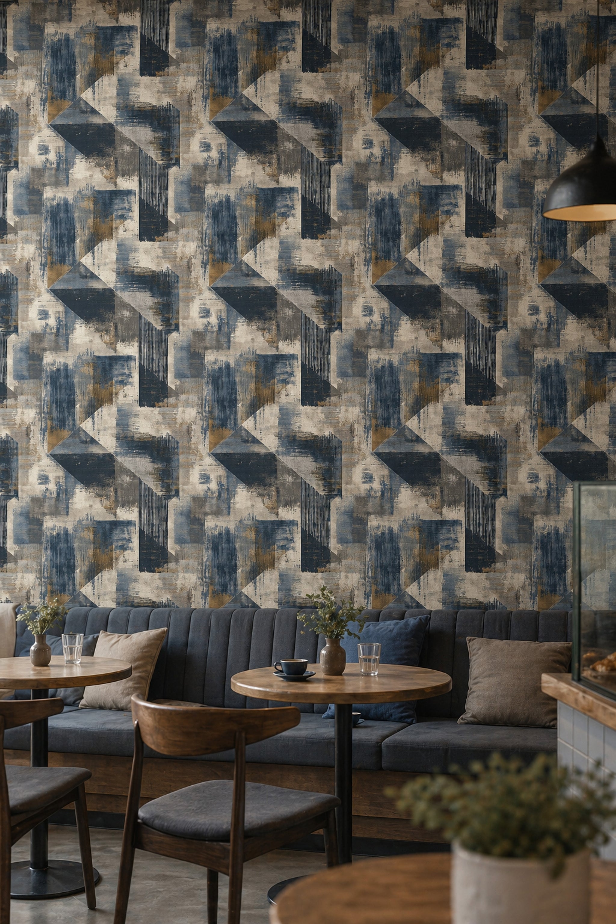 Geometrik Duvar Kağıdı Lacivert Bej Desenli Modern Salon