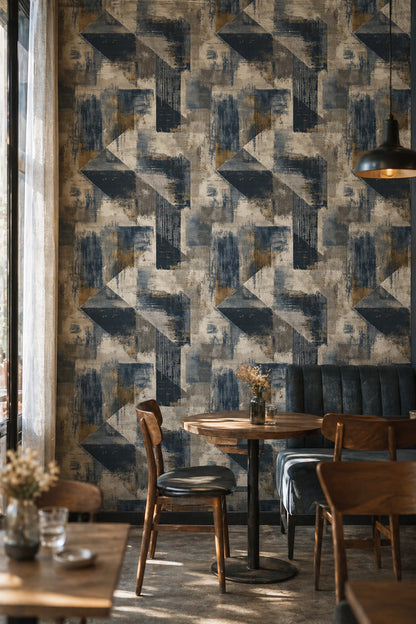 Geometrik Duvar Kağıdı Lacivert Bej Desenli Modern Salon