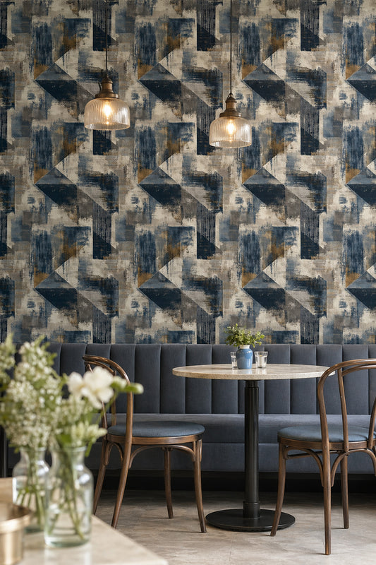Geometrik Duvar Kağıdı Lacivert Bej Desenli Modern Salon