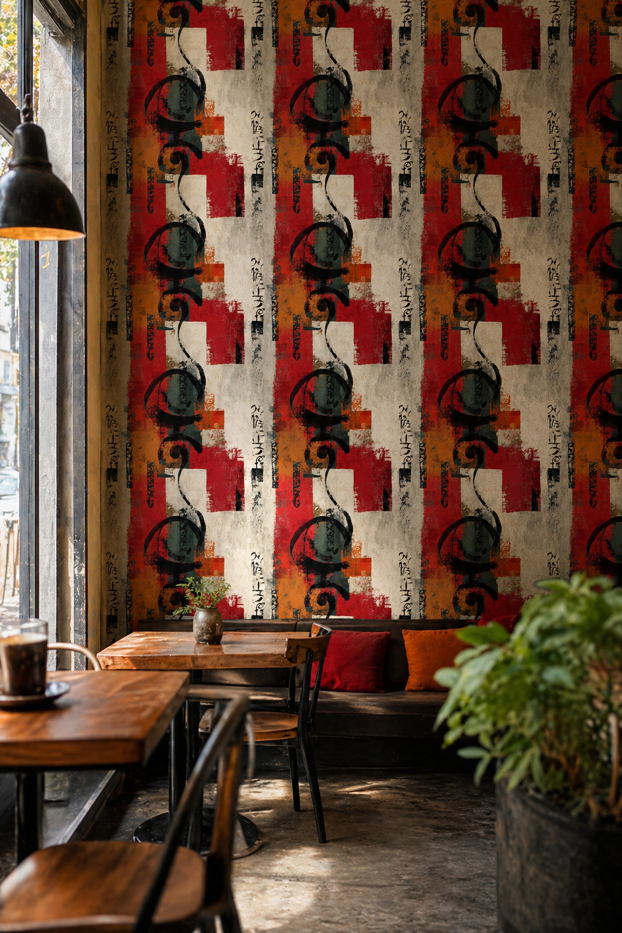 Soyut Yazı Detaylı Duvar Kağıdı Kırmızı Modern Salon