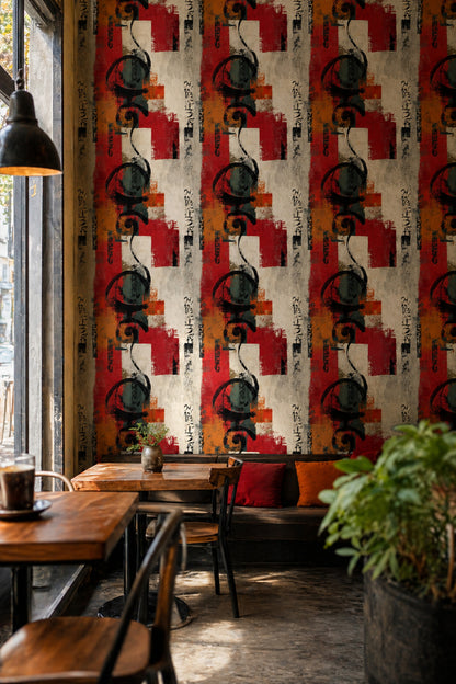 Soyut Yazı Detaylı Duvar Kağıdı Kırmızı Modern Salon
