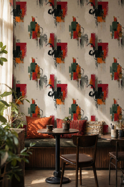 Soyut Geometrik Duvar Kağıdı Kırmızı Yeşil Modern Salon