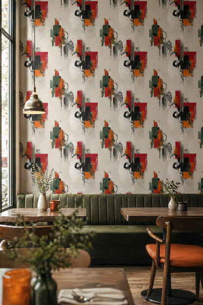 Soyut Geometrik Duvar Kağıdı Kırmızı Yeşil Modern Salon