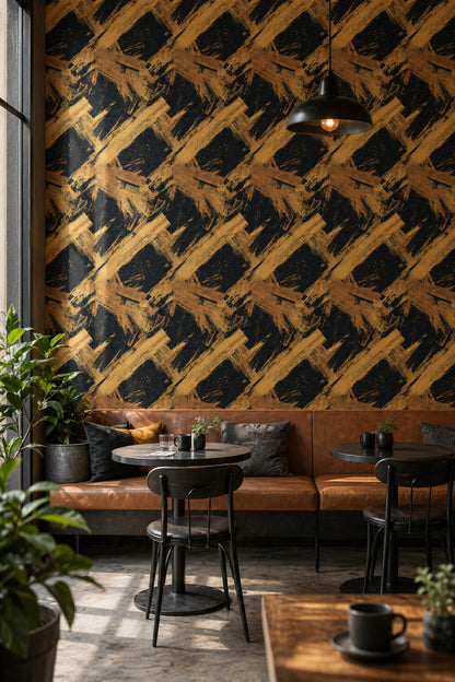 Siyah Altın Fırça Desenli Duvar Kağıdı Modern Salon