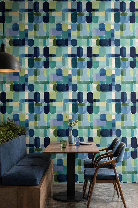Geometrik Desenli Duvar Kağıdı Mavi Yeşil Modern Salon