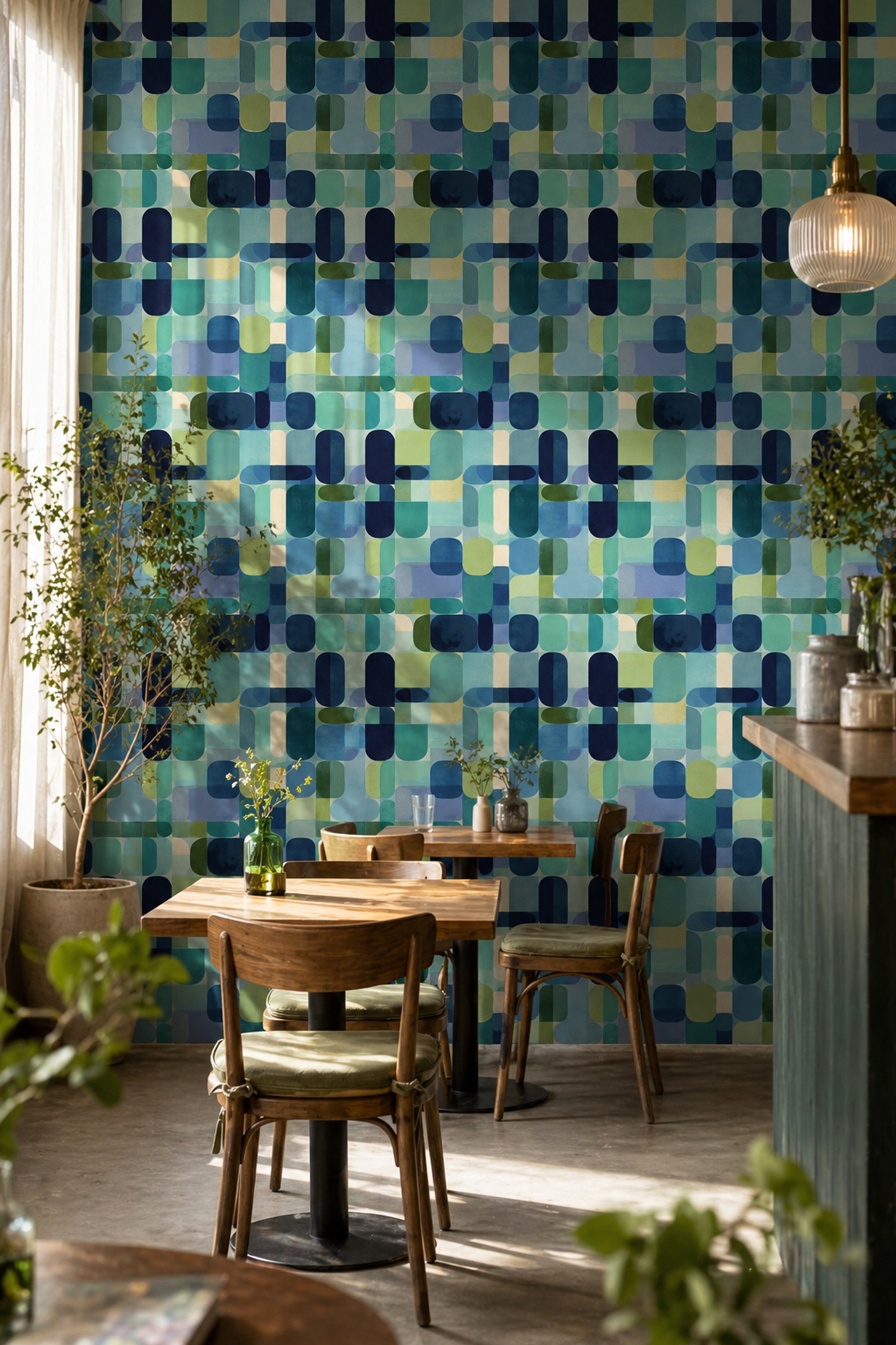 Geometrik Desenli Duvar Kağıdı Mavi Yeşil Modern Salon