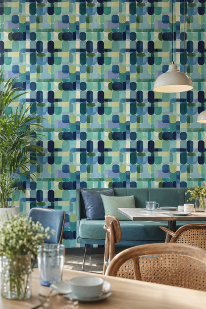 Geometrik Desenli Duvar Kağıdı Mavi Yeşil Modern Salon