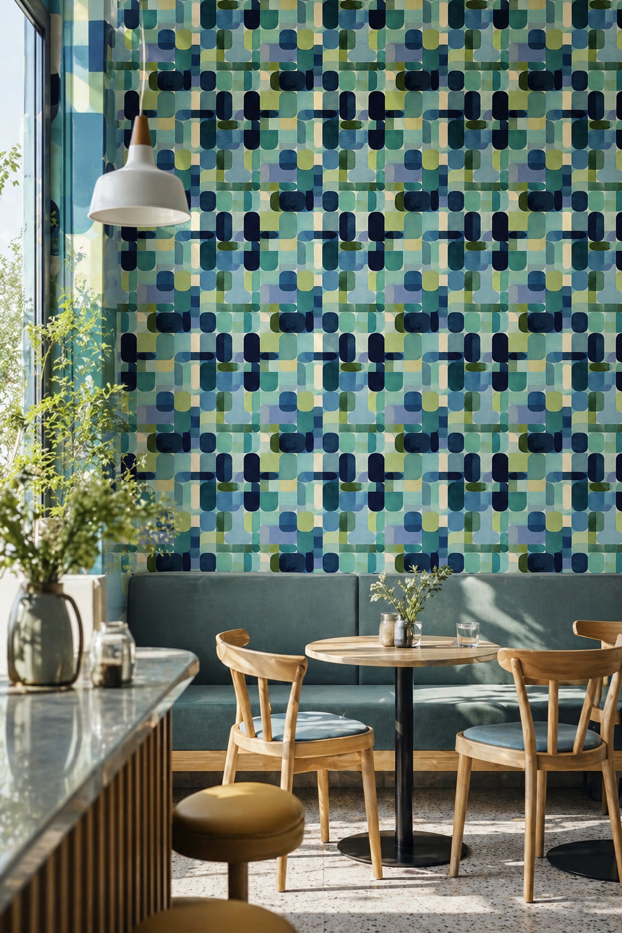 Geometrik Desenli Duvar Kağıdı Mavi Yeşil Modern Salon