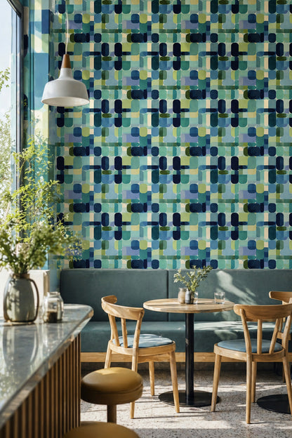Geometrik Desenli Duvar Kağıdı Mavi Yeşil Modern Salon